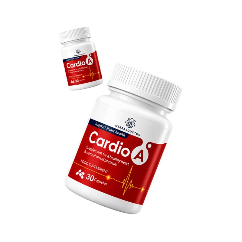 Cardio A capsule bottle shown standing and tilted to show the label